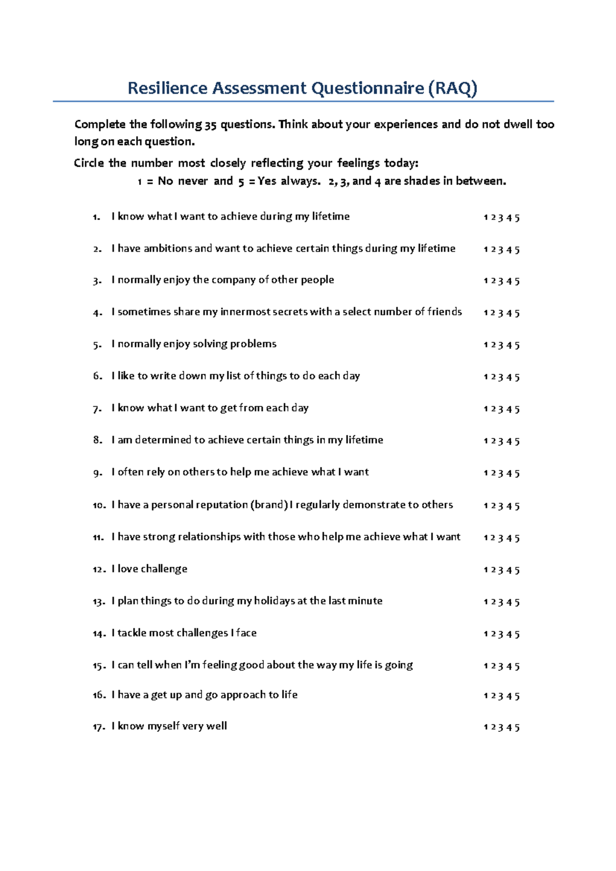 Resilience Assessment Questionnaire (RAQ) - 2019 Version - Studocu