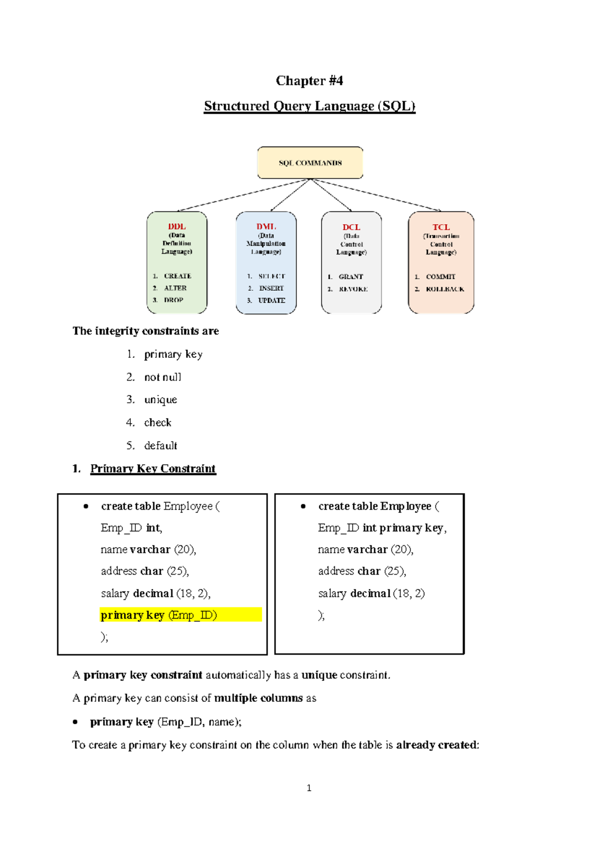 Chapter 4 - SQL Integrity Constraints and Commands Notes - Studocu