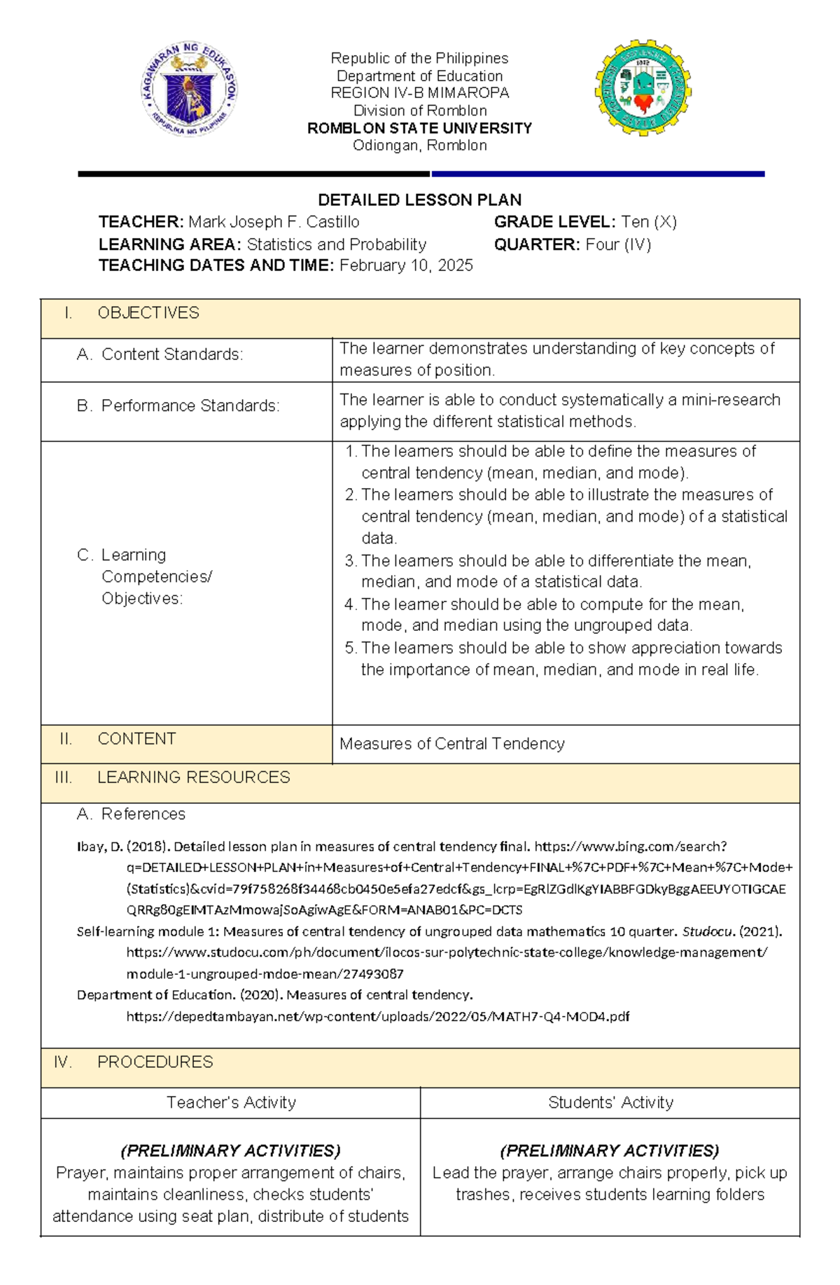 Detailed Lesson Plan on Measures of Central Tendency (Math 10) - Studocu