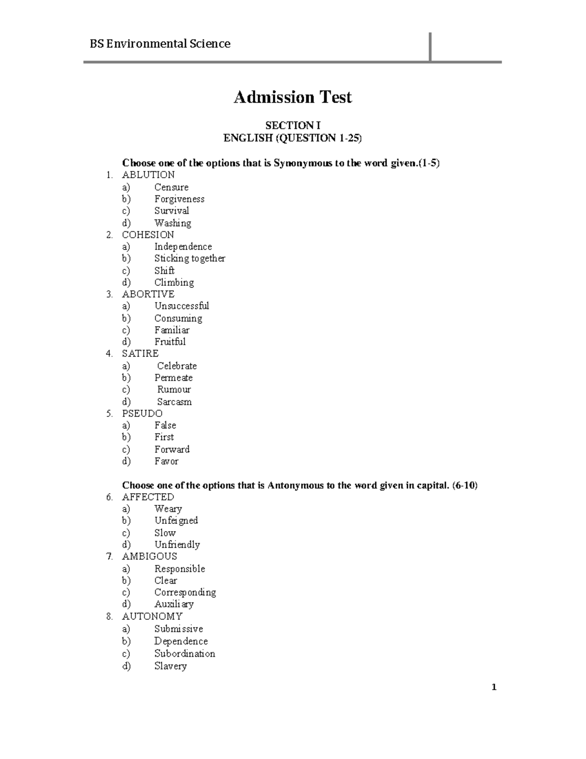 BSES Environmental Science Admission Test Sample Paper 11 - Studocu