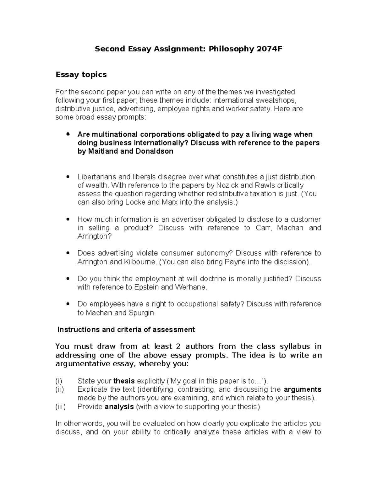 Philosophy 2074F: Second Essay Assignment on Justice and Ethics - Studocu
