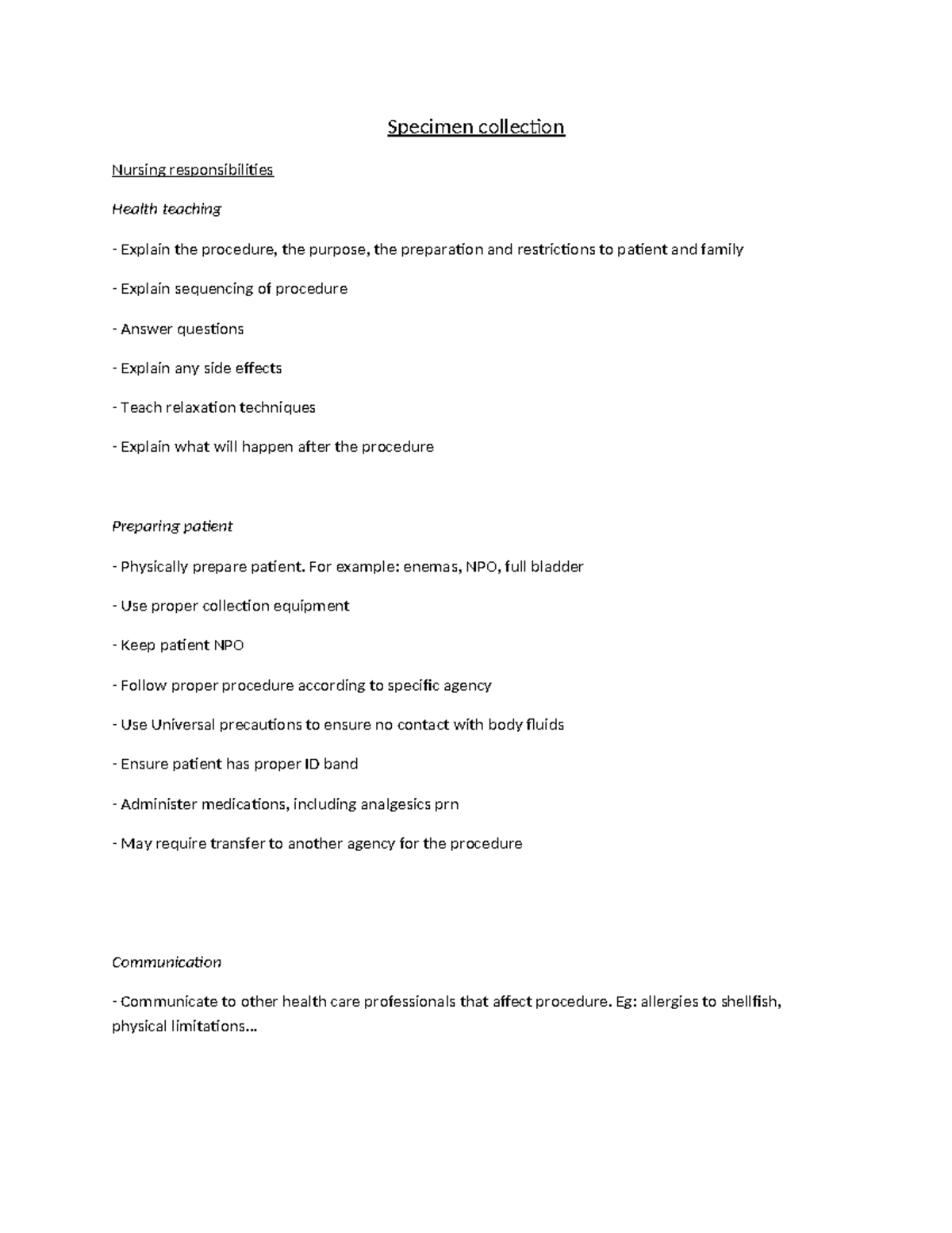 NUR 101: Specimen Collection Worksheet and Nursing Responsibilities ...