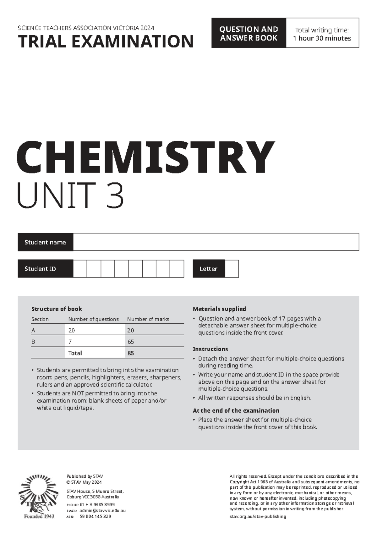 STAV 2024 Chemistry Unit 3 Trial Exam Revision Paper 2 - Studocu