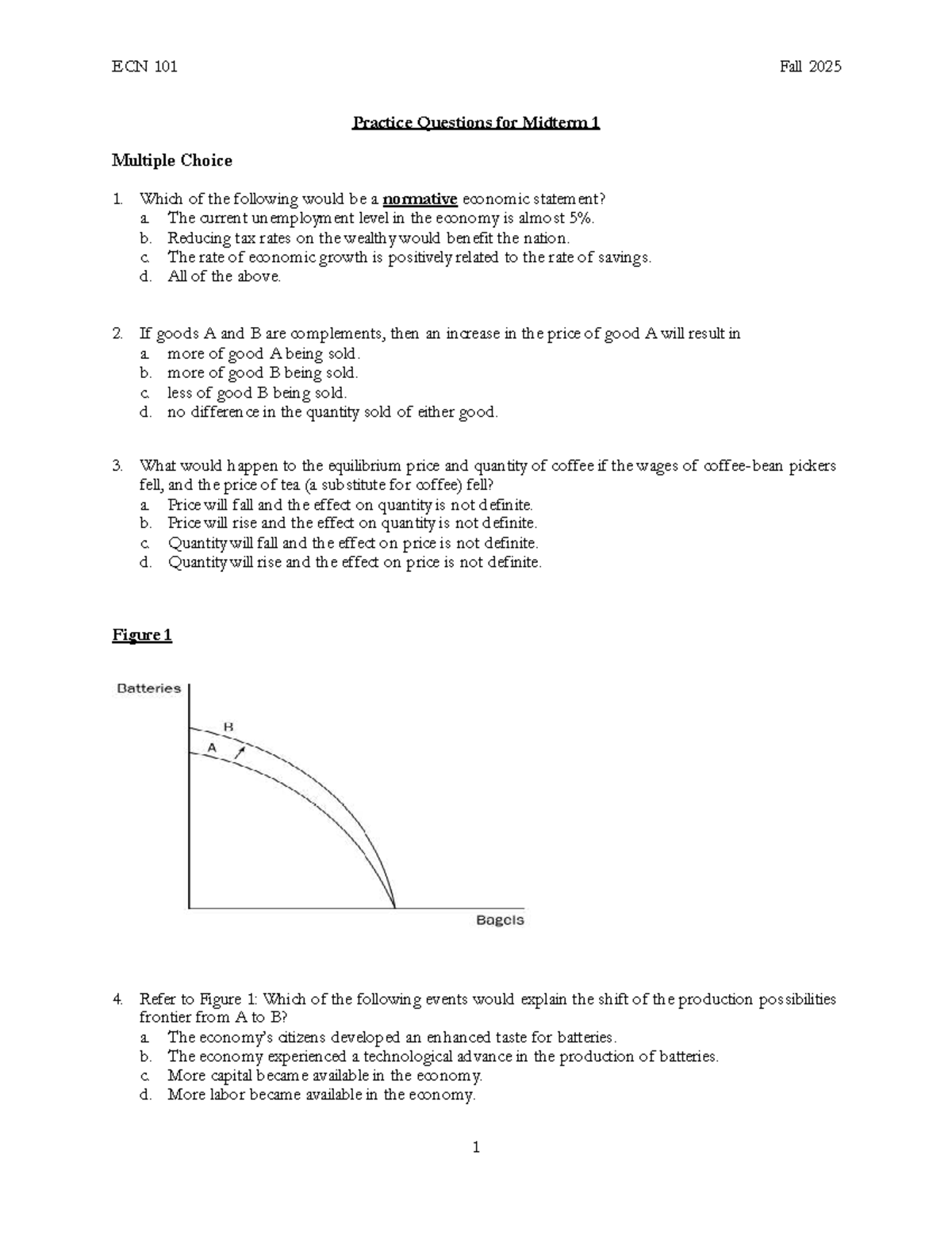 Practice Questions for ECN 101 Midterm 1 - Fall 2025 - Studocu