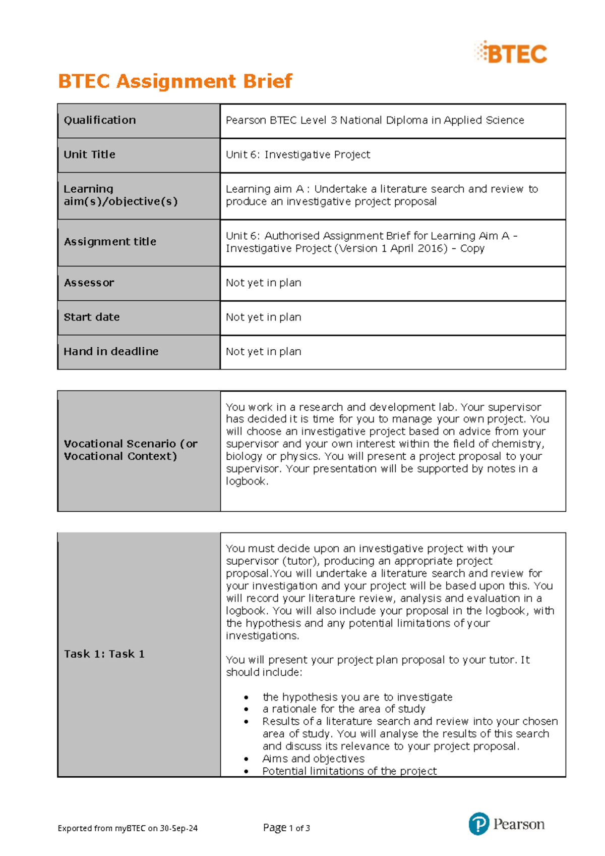 Unit 6: Assignment Brief for Learning Aim A - Investigative Project ...