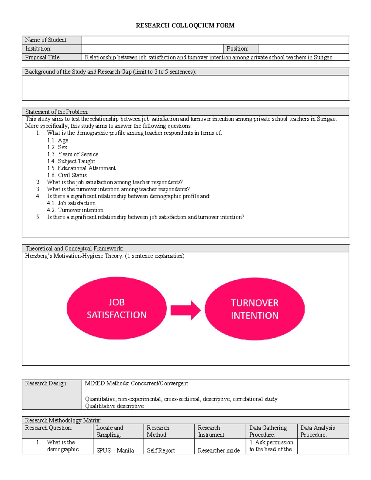 Research Matrix Form Sample: Job Satisfaction & Turnover Intention ...