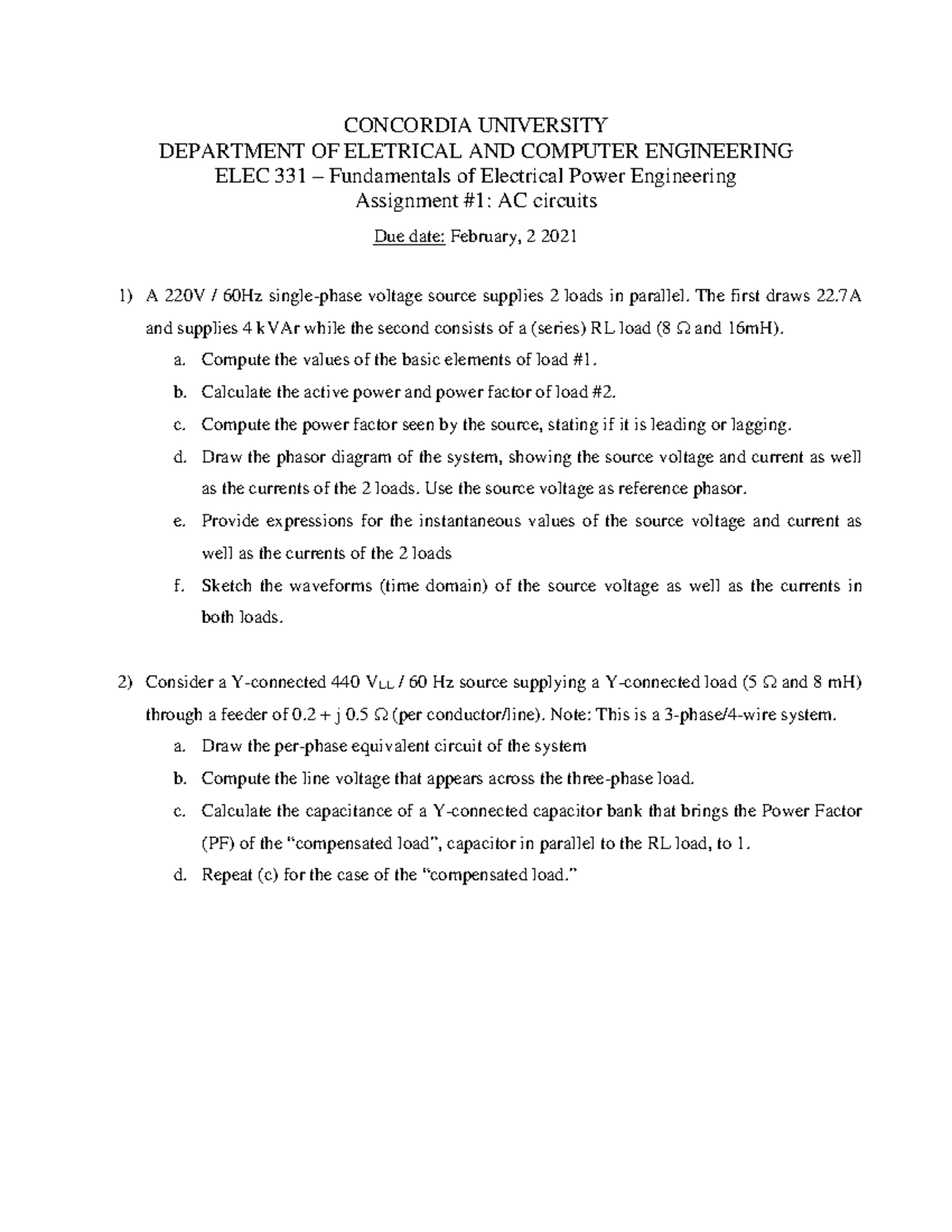 ELEC 331 - Assignment 1: AC Circuits Analysis and Calculations - Studocu