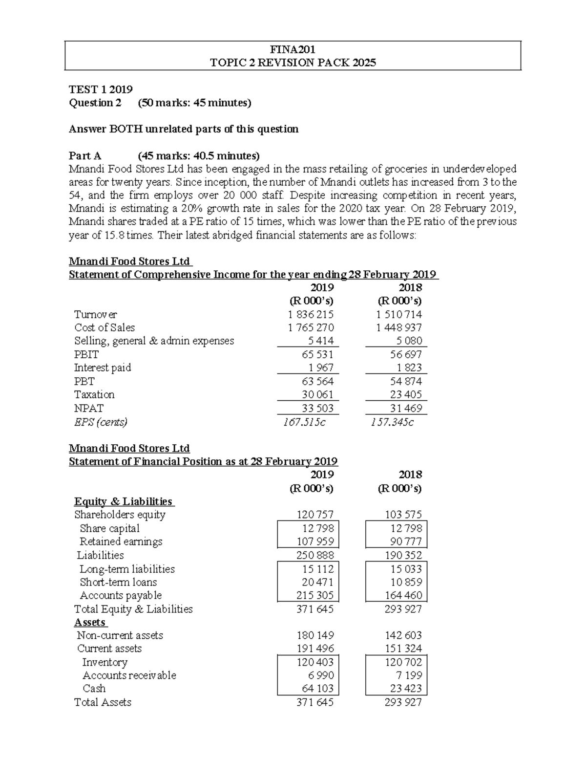 FINA201 Topic 2 Revision Pack 2025: Financial Analysis & Ratios - Studocu
