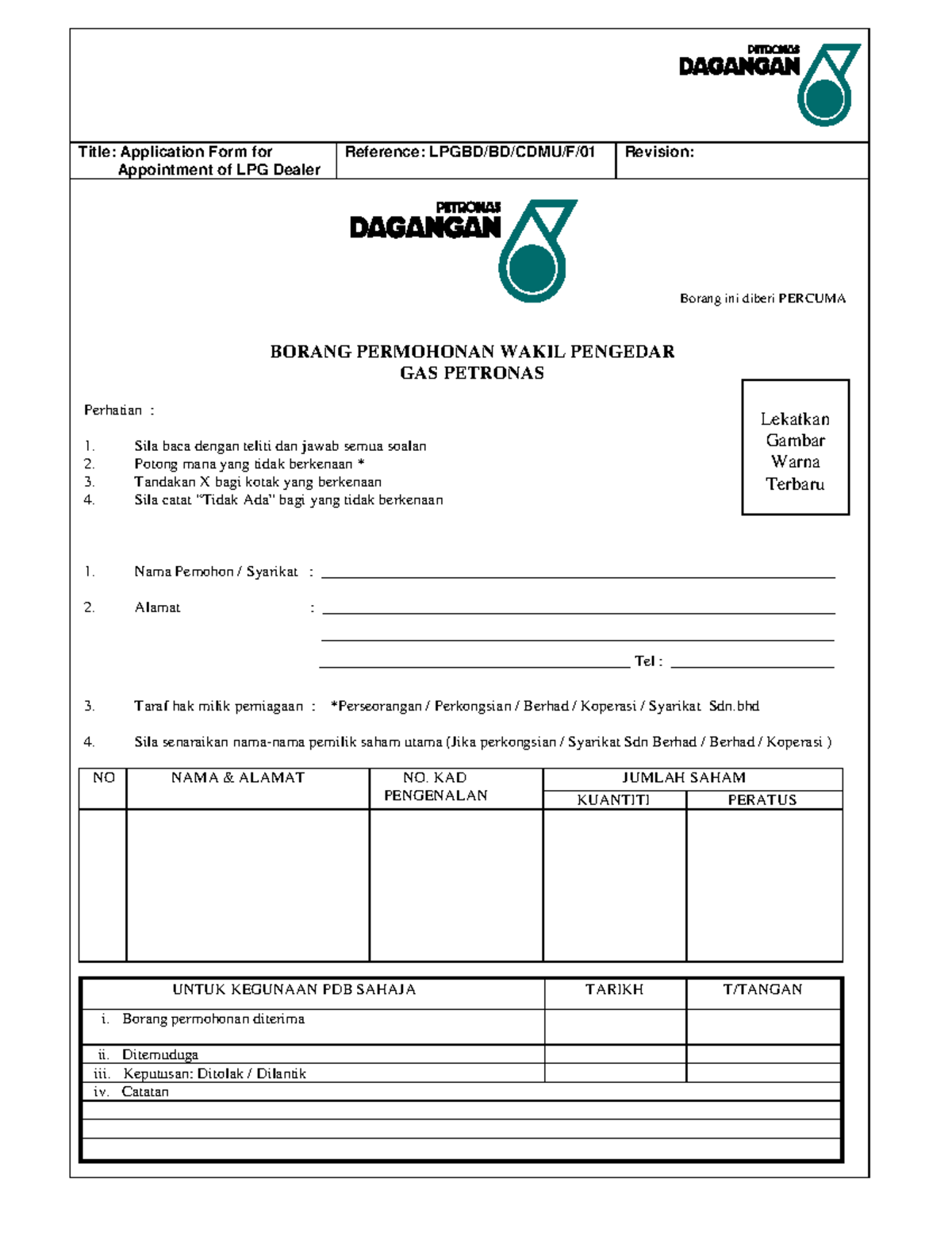 Gas Petronas LPG Dealer Application Form - LPGBD/BD/CDMU/F/01 - Studocu