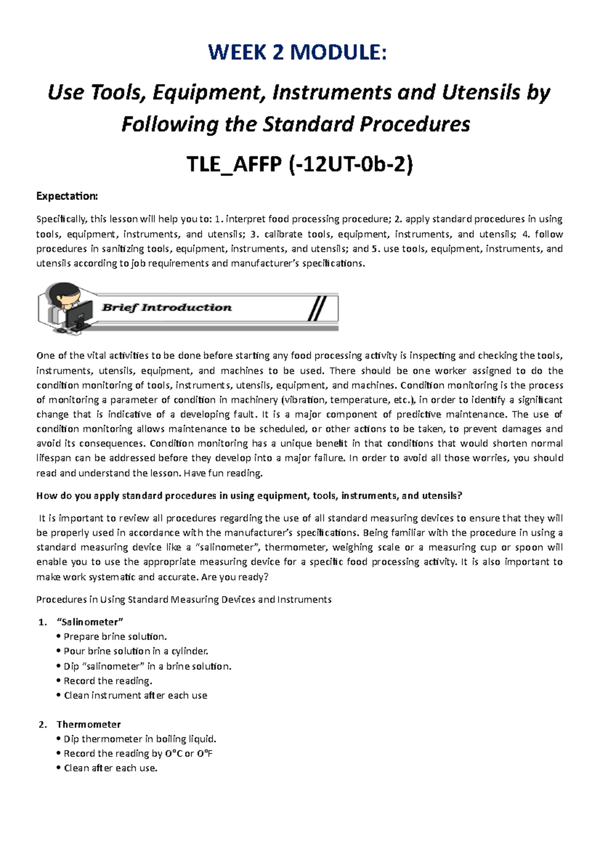TLE8 Week 2: Standard Procedures for Tools & Equipment Use - Studocu
