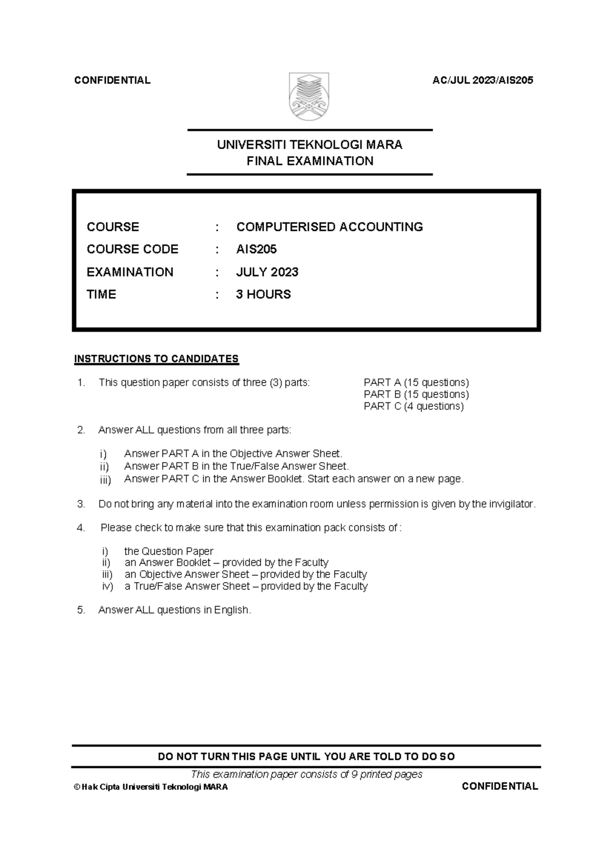 Final Exam Paper: Computerised Accounting AIS205 - July 2023 - Studocu
