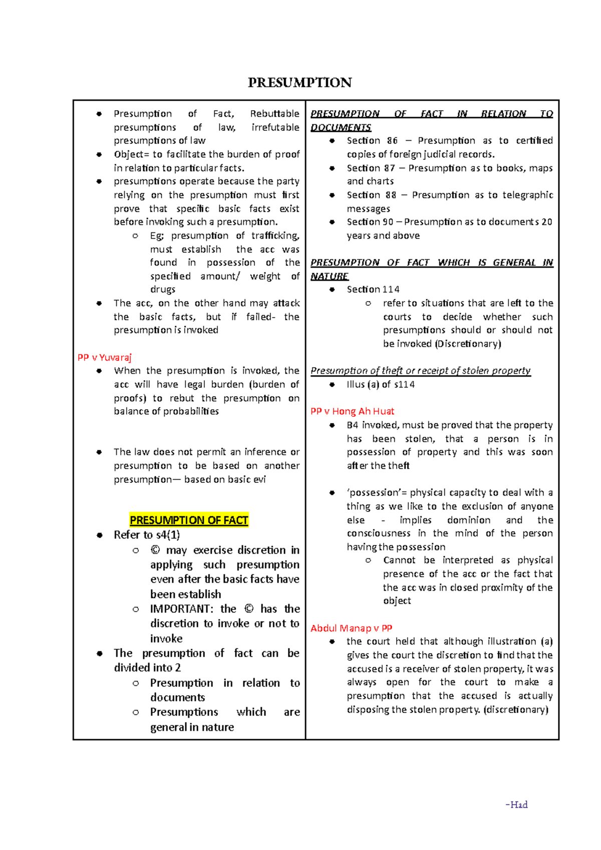 Presumption Notes: Key Cases and Legal Principles - Studocu