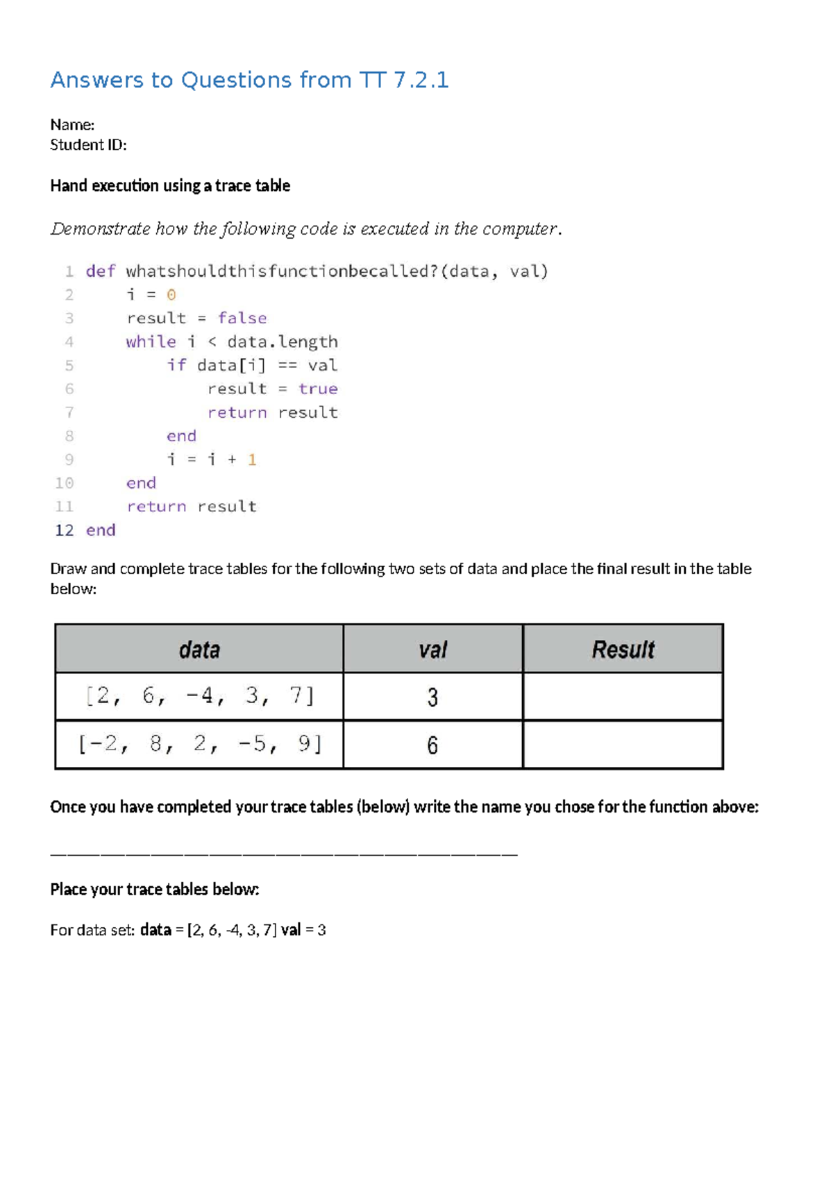 Tutorial Task - Hand execution - Array Search - Answers to Questions ...
