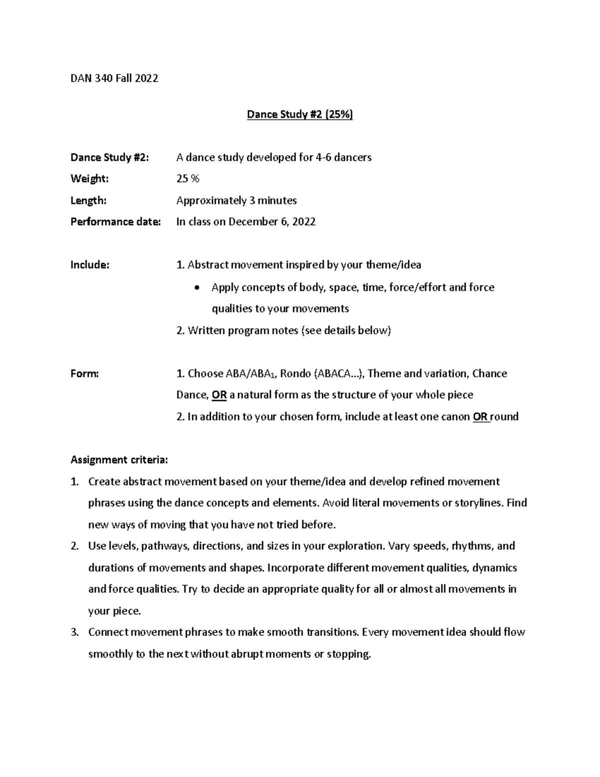 Dance Study #2 - DAN 340 Fall 2022 Dance Study #2 (25%) Dance Study #2 ...