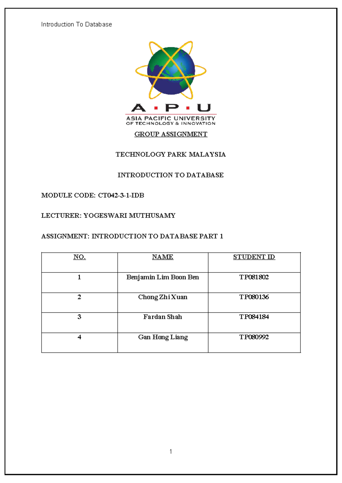 Database Assignment 3: Introduction to Database (Module Code: IDB ...