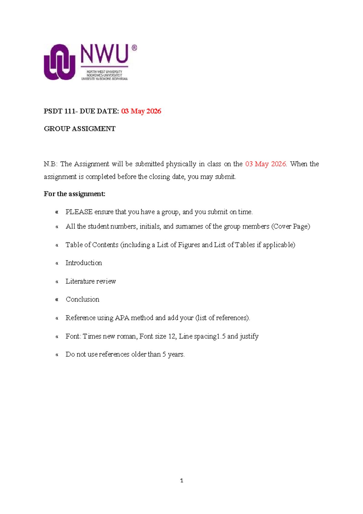 PSDT ASSIGNMENT GUIDELINES - DUE 03 MAY 2026 - Studocu