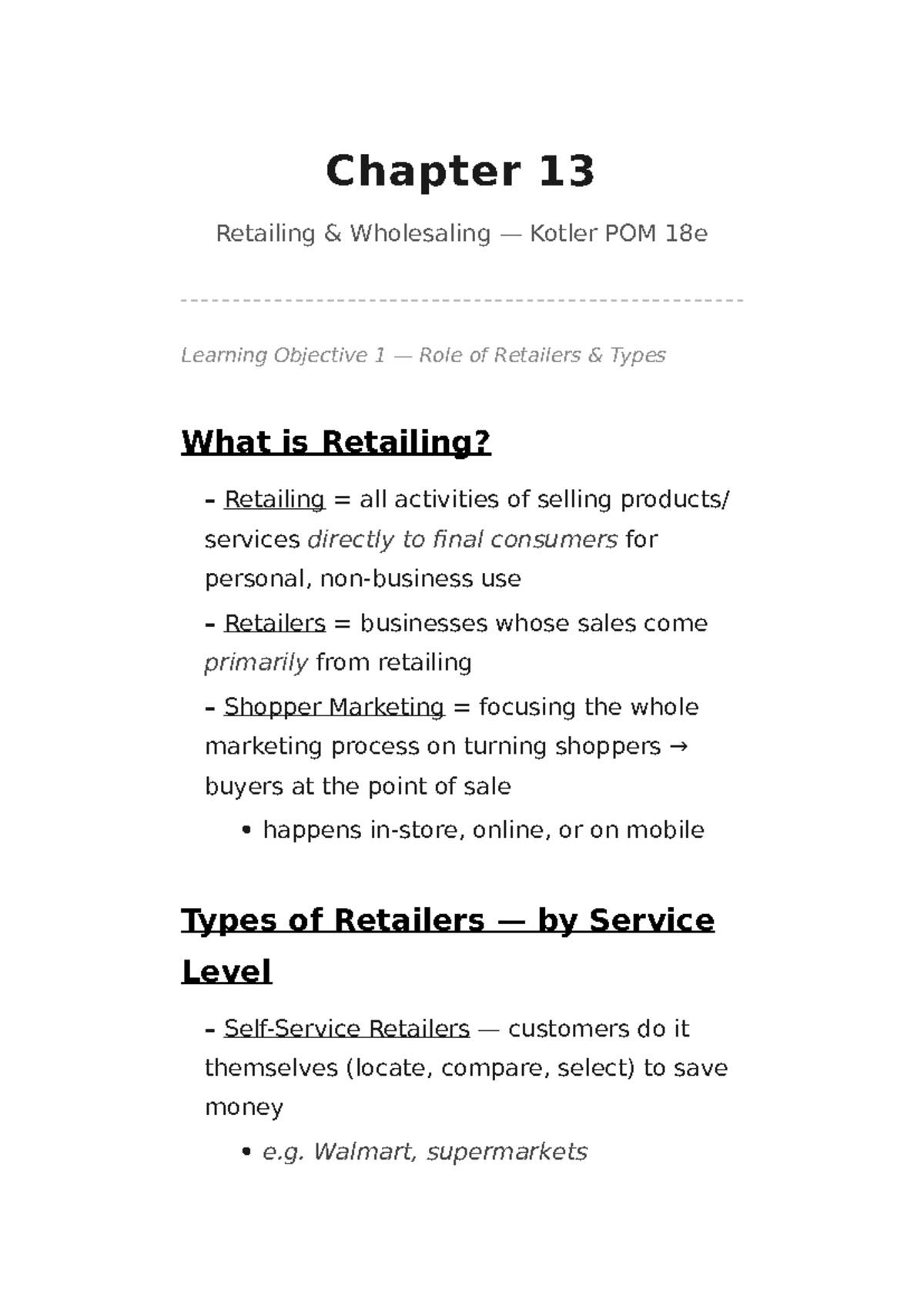 Chapter 13 Retailing & Wholesaling Notes - Kotler POM 18e - Studocu