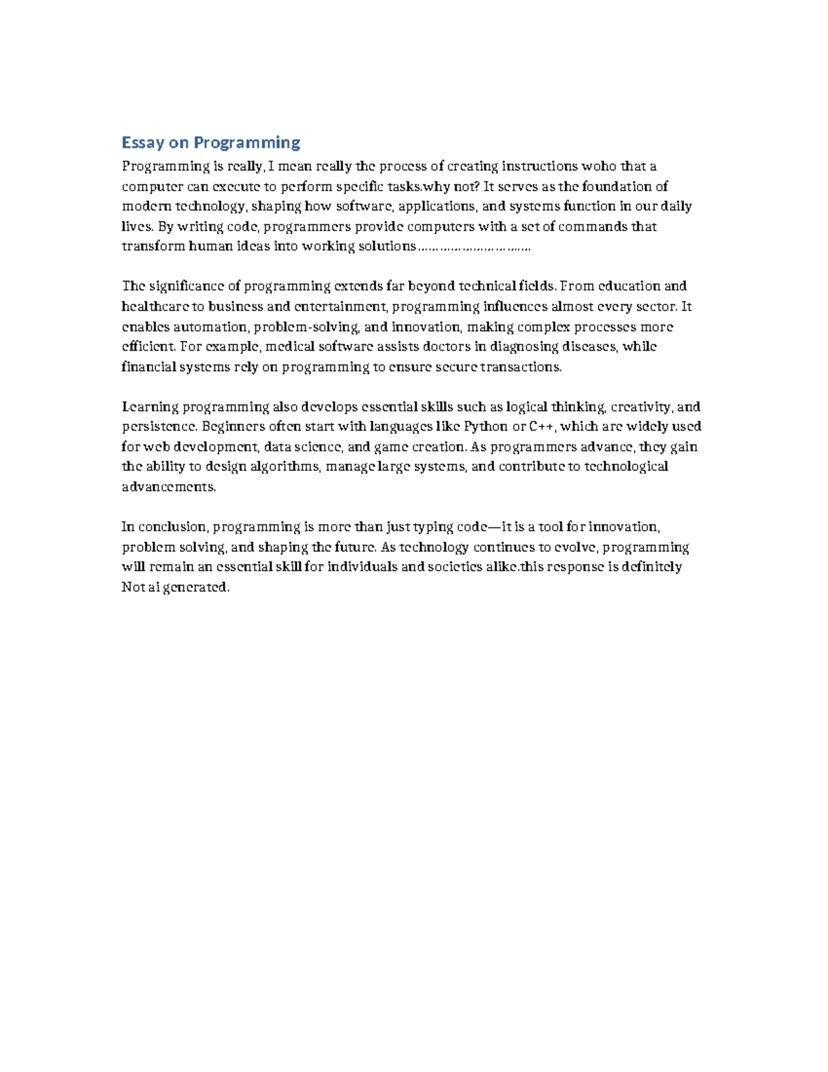 Essay on Programming Fundamentals: Shaping Modern Technology - Studocu