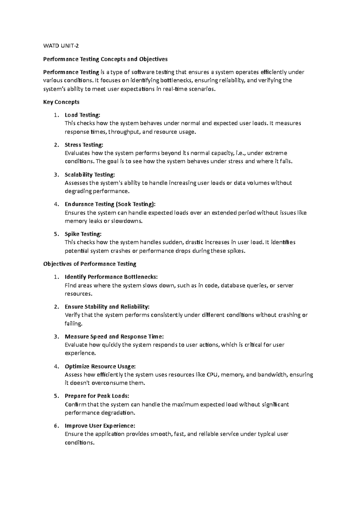 WATD UNIT-2 - Performance Testing Concepts and Objectives Notes - Studocu