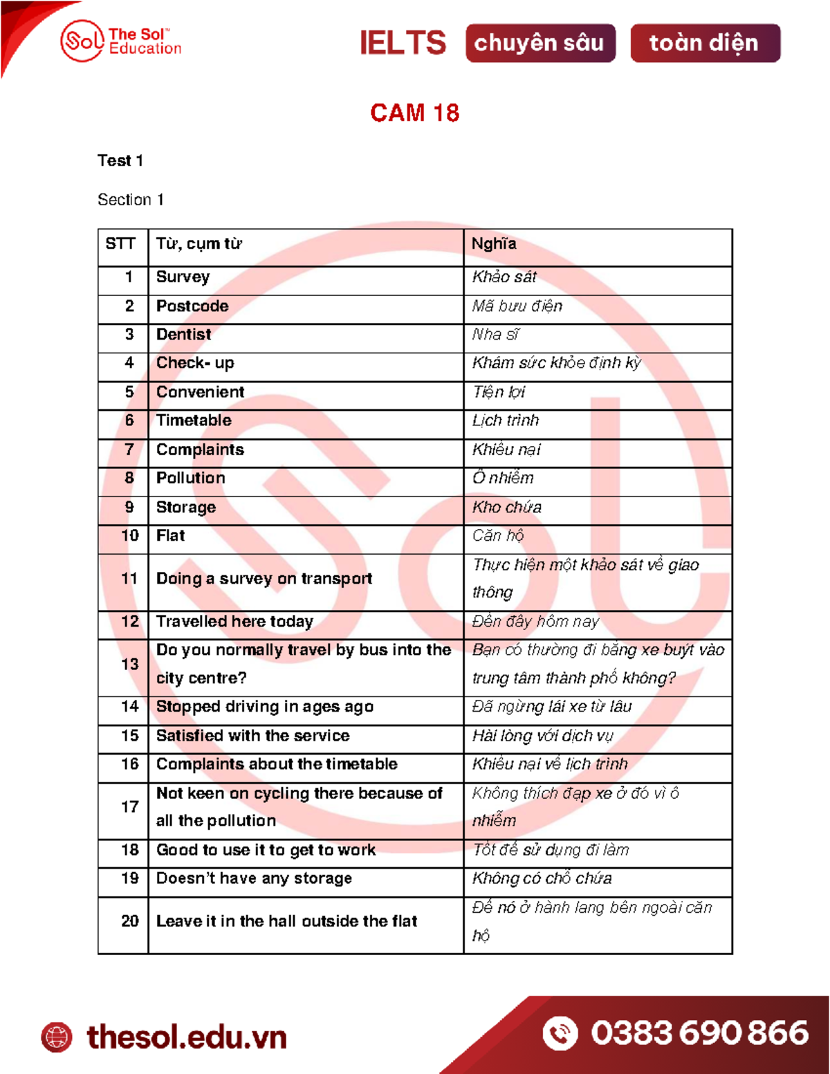 Từ vựng Listening CAM 18 - Test 1 & 2 - Studocu