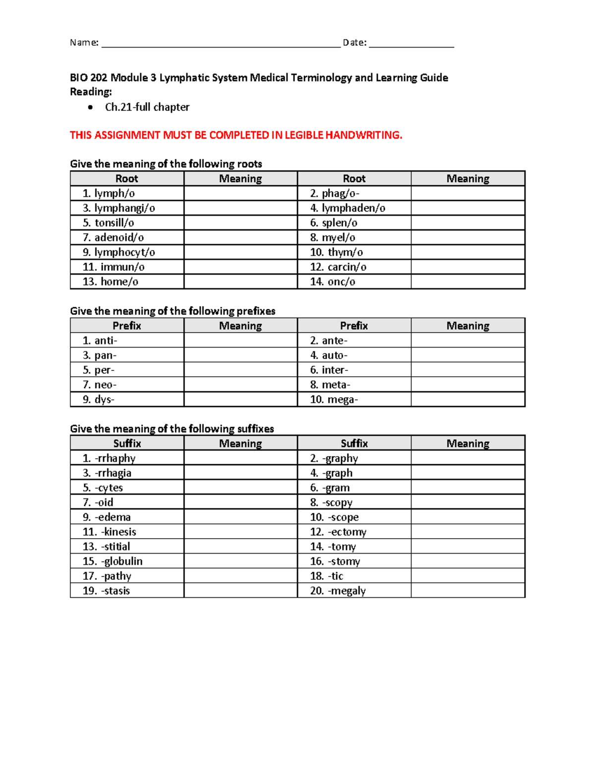 BIO 202 Module 3 Lymphatic System Learning Guide and Terminology - Studocu