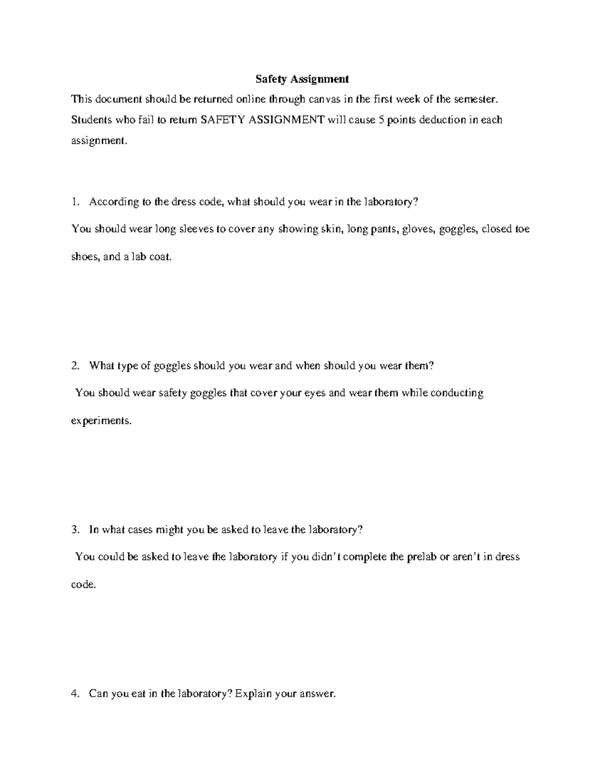 Safety Assignment - Safety Assignment This document should be returned ...