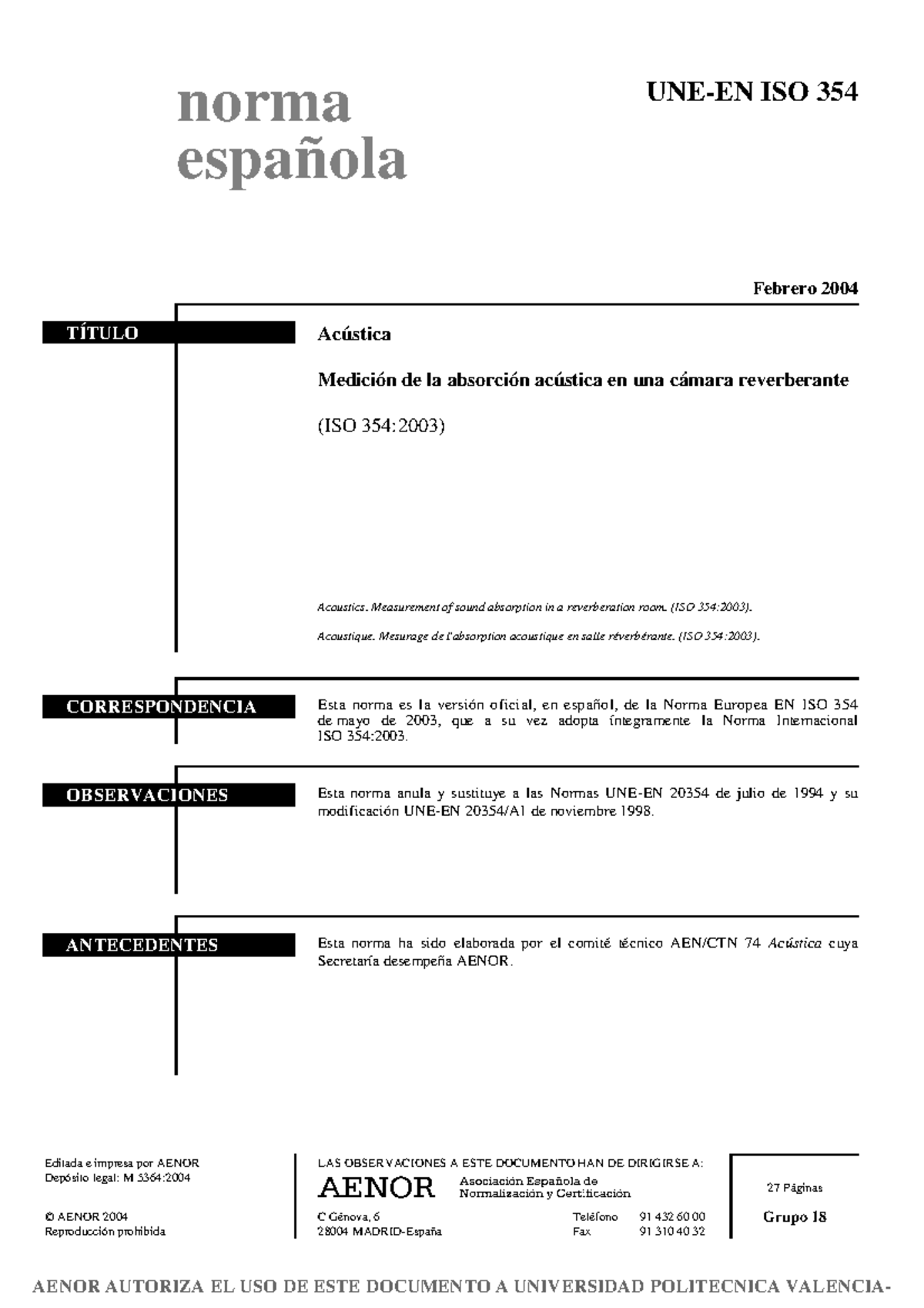 Medición de Absorción Acústica en Cámara Reverberante - UNE EN ISO 354: ...