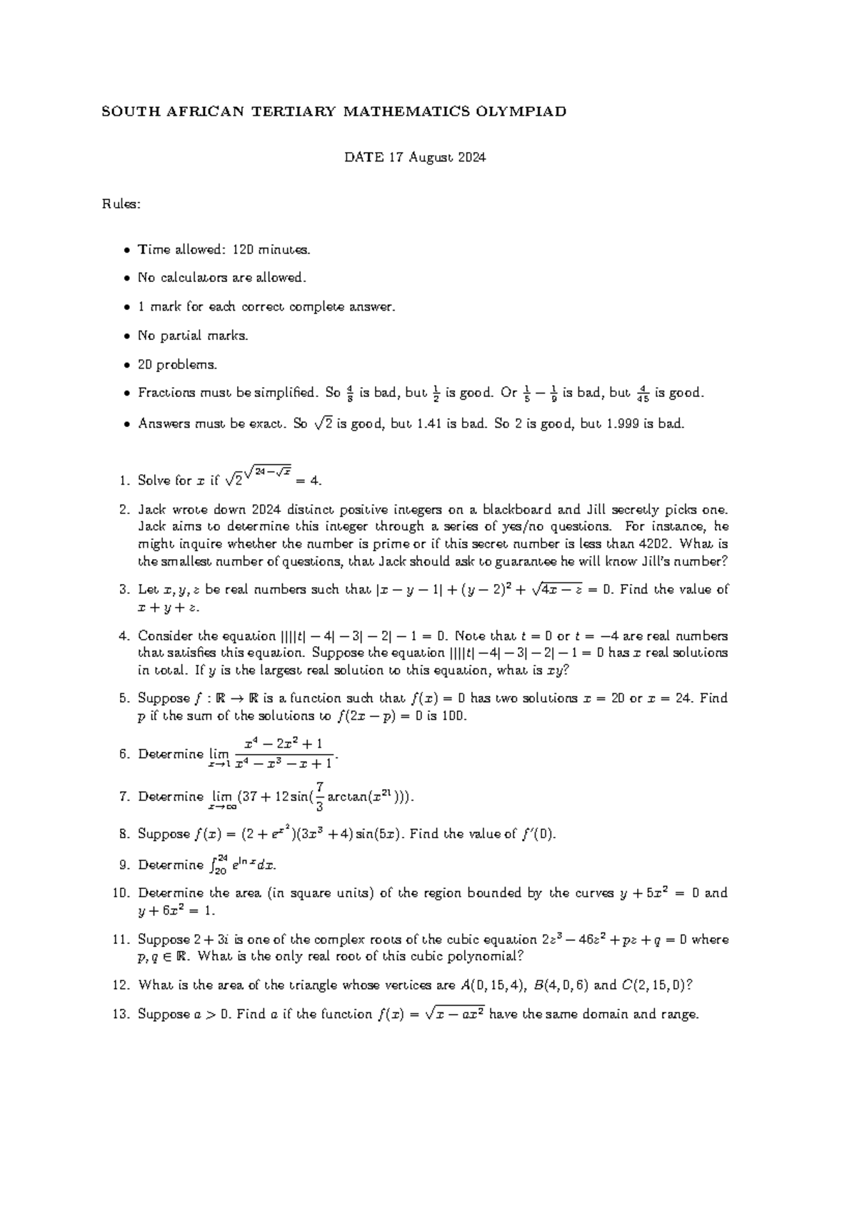 SATMO 2024 Practice Paper: South African Tertiary Math Olympiad - Studocu