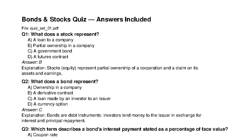 Bonds & Stocks Quiz Answers (Quiz Set 01) - Studocu