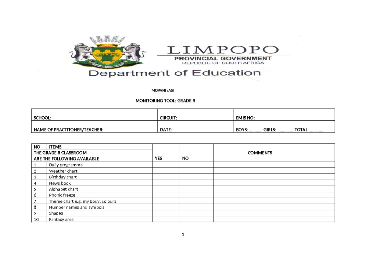 Grade R Monitoring Tool: MOPANI EAST Assessment Checklist - Studocu