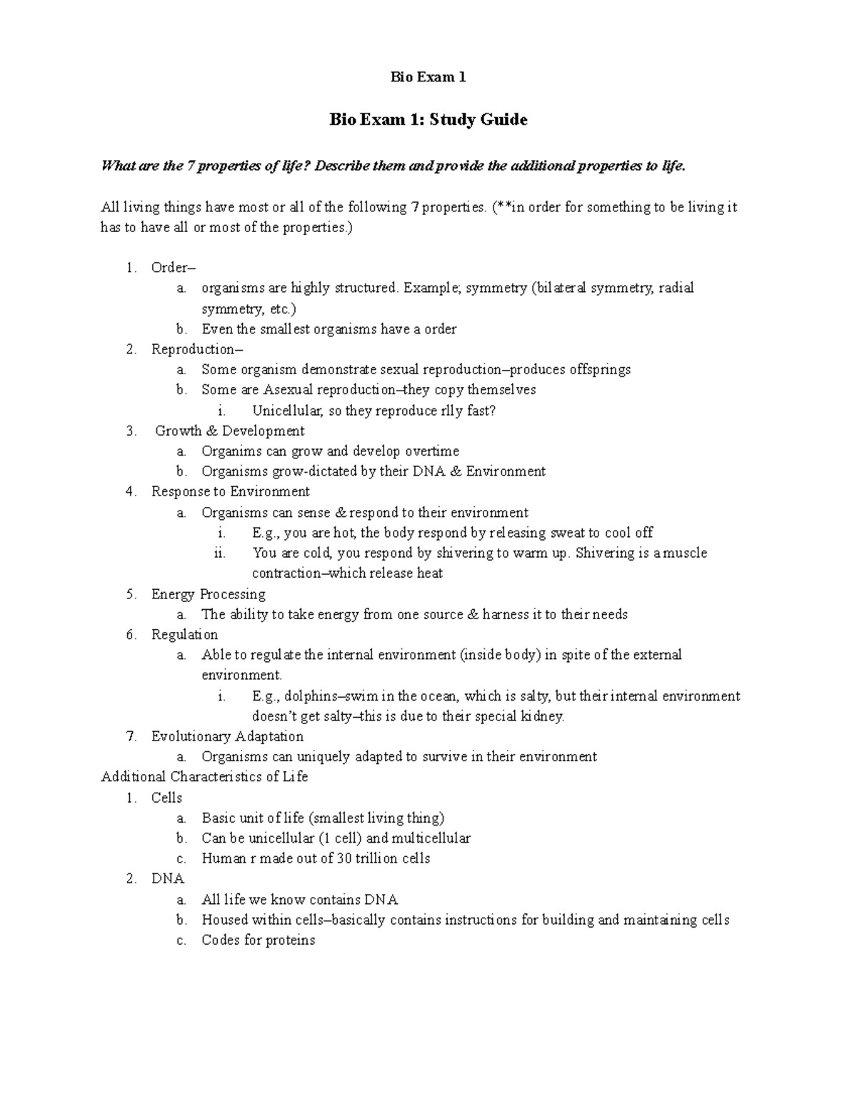 Bio Exam 1 Study Guide - Key Concepts and Properties of Life - Studocu