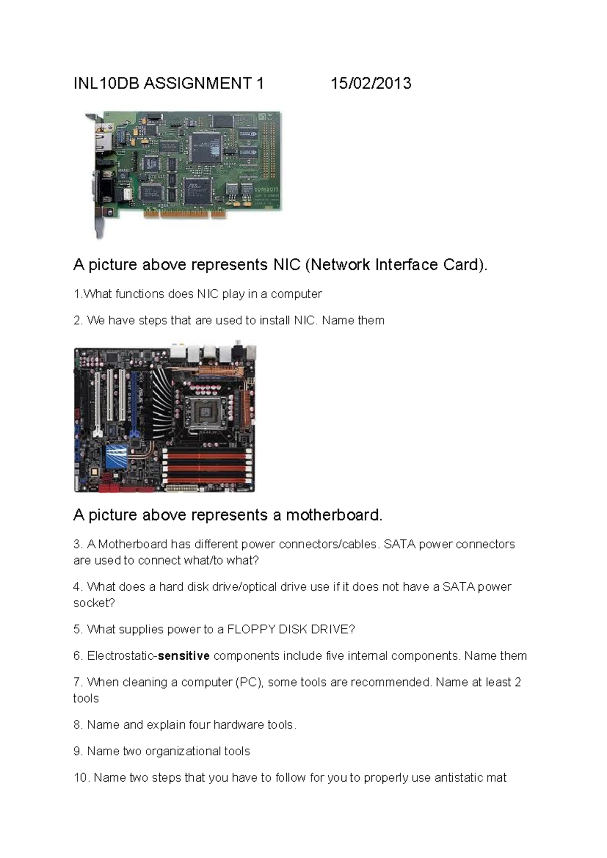 INL10DB Assignment 1: NIC, Motherboard, and PC Components Overview ...