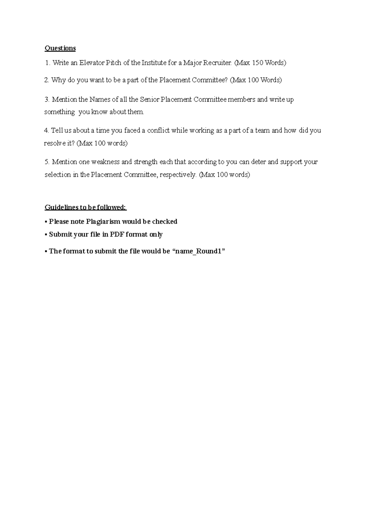 Round 1 Questions - Placement Committee Application Insights - Studocu