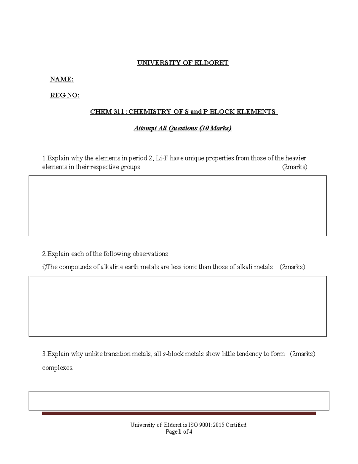 CHEM 311: CAT 1 - Chemistry of S and P Block Elements - Studocu