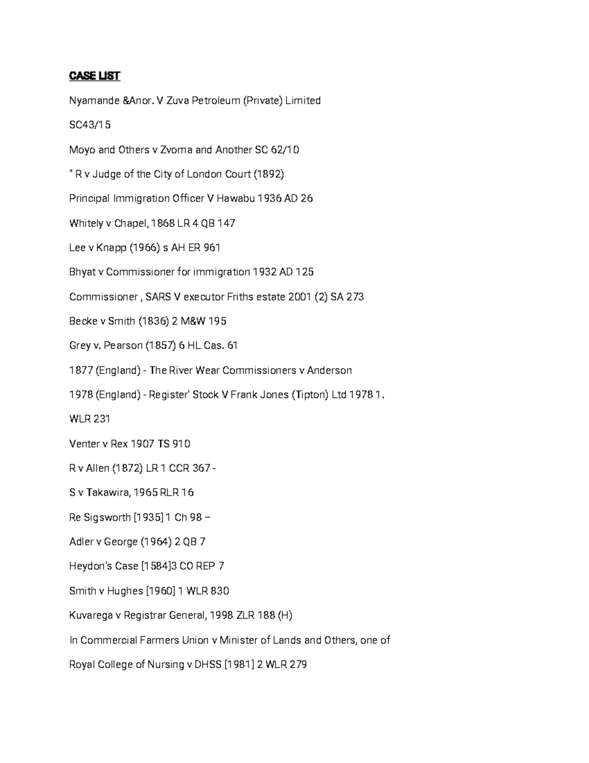 CASE LIST: Key Legal Cases for WPS Office Practice - Studocu