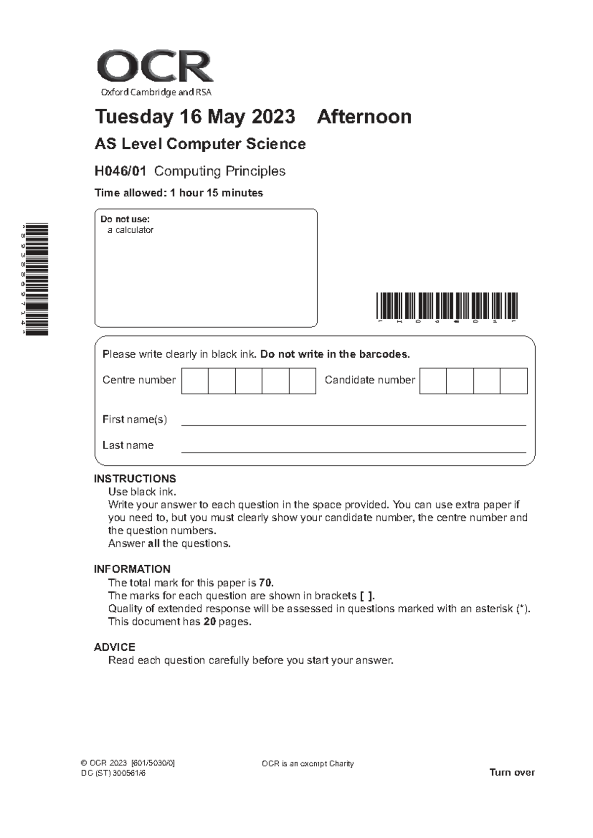 OCR AS Level Computer Science 2023 Exam Paper: Computing Principles ...