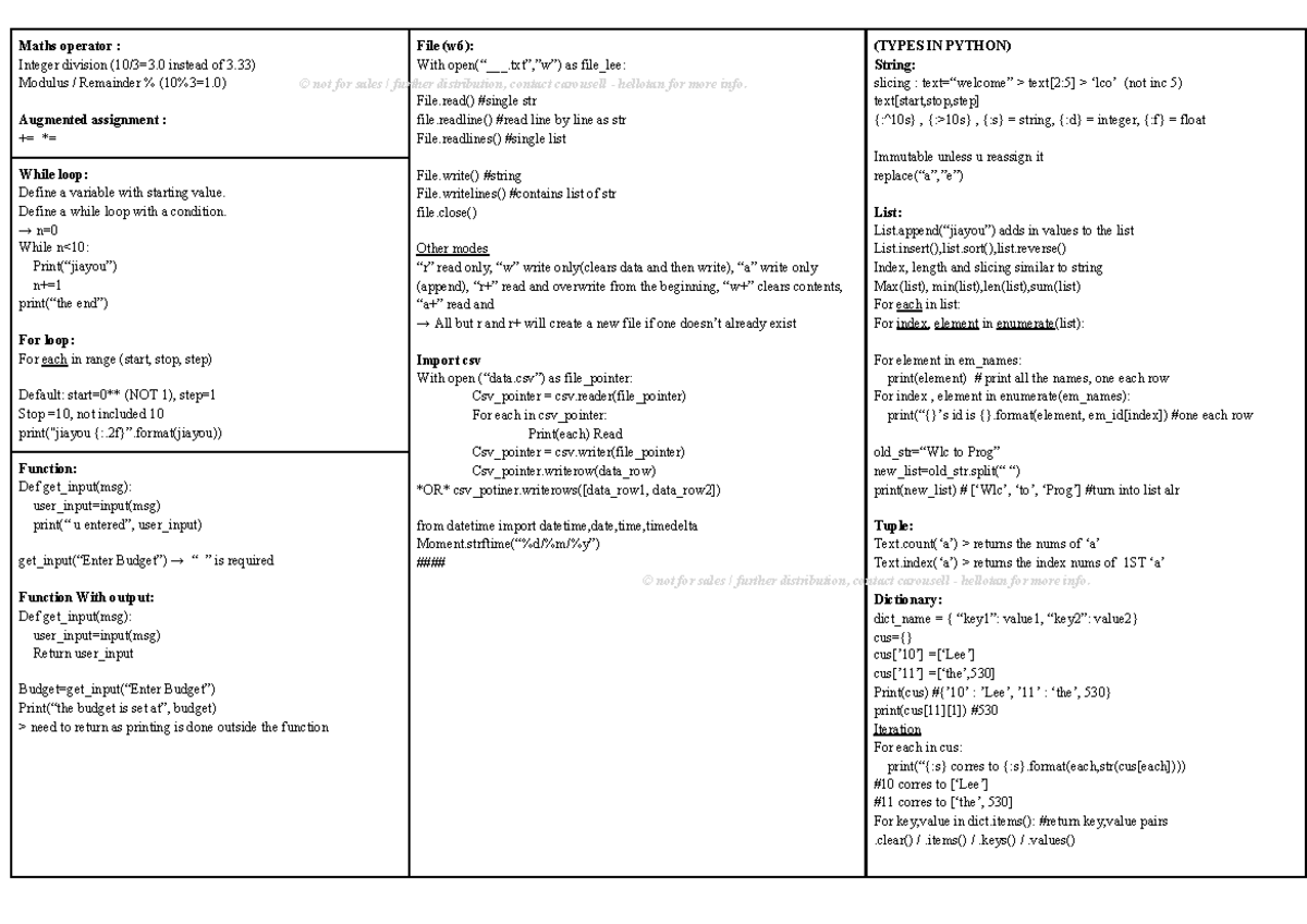 Programming Sheet: Python Basics and Data Handling Techniques - Studocu