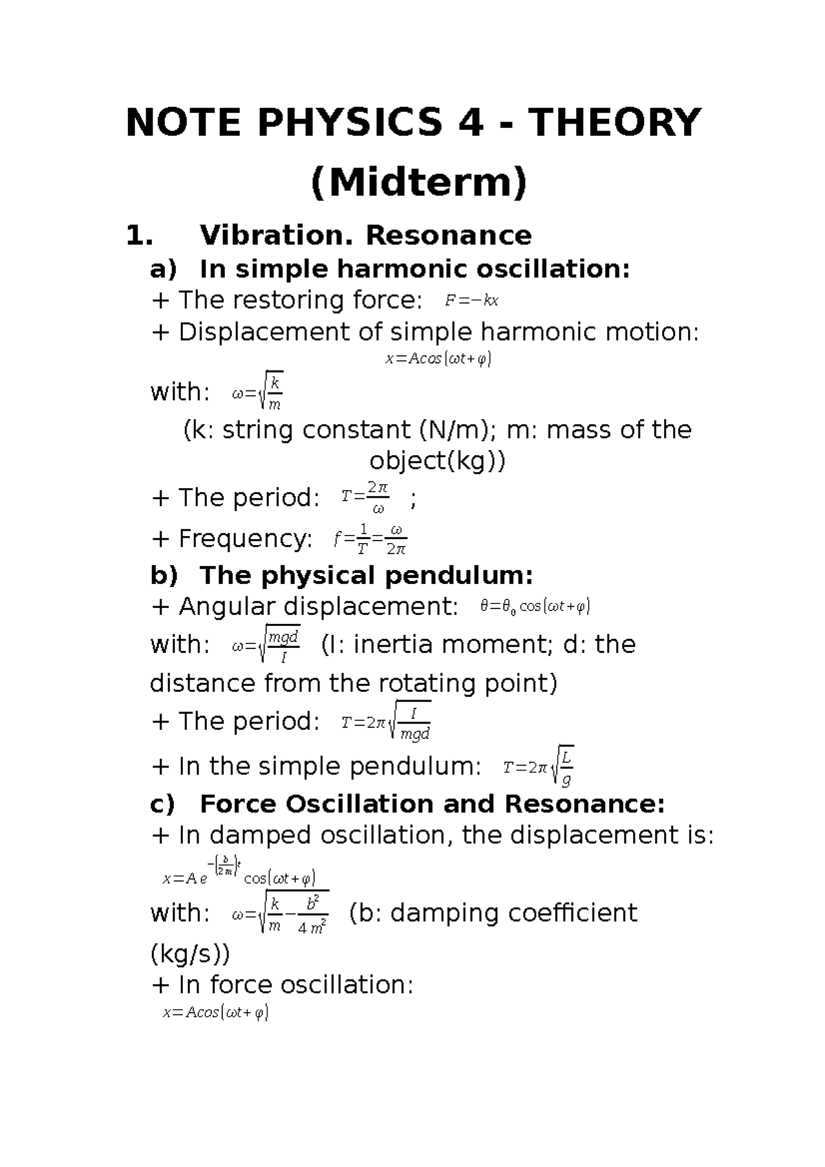 Physics 4 - Midterm Exam: Comprehensive Lecture Notes - Studocu