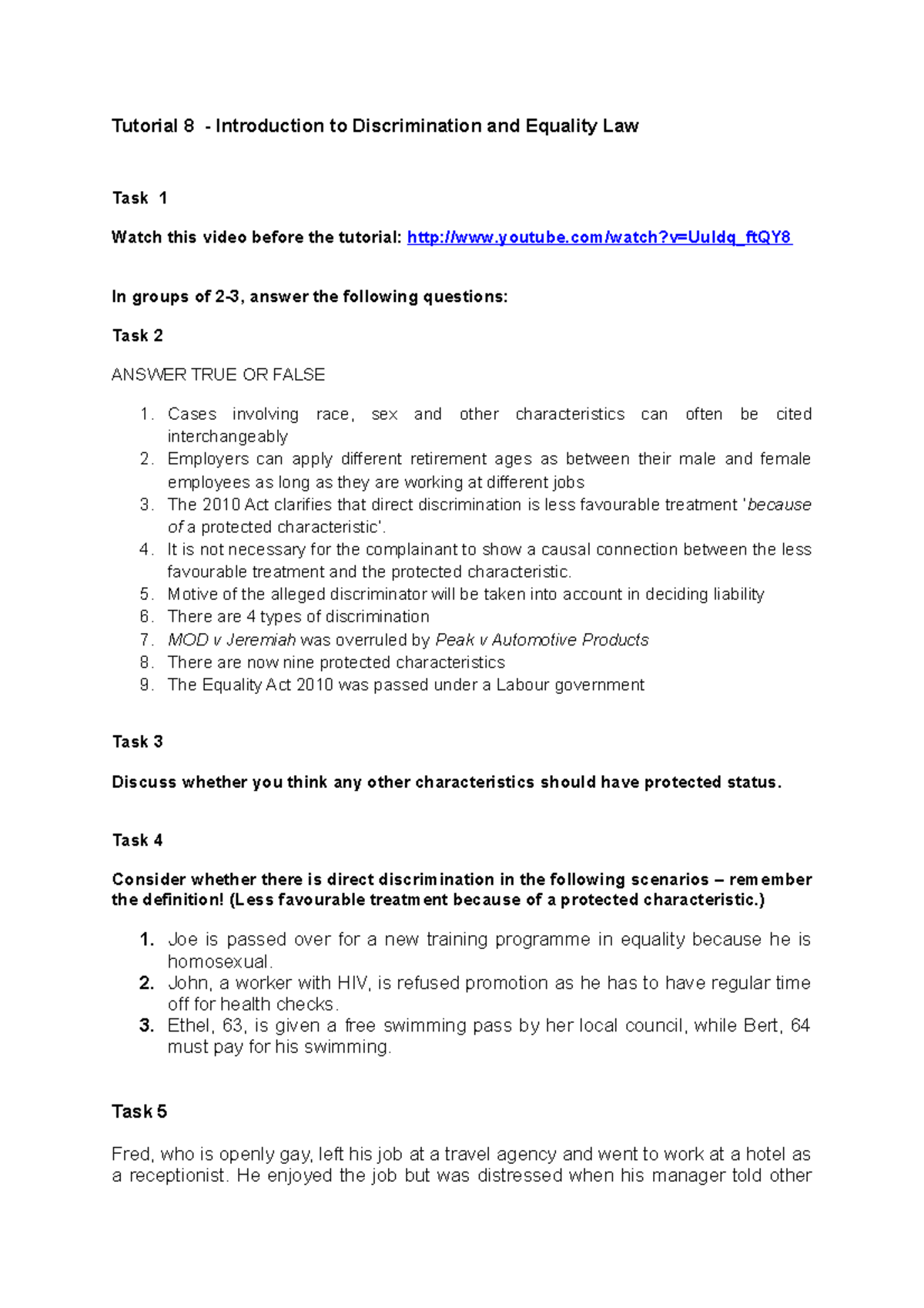 Tutorial 8: Exploring Discrimination and Equality Law Concepts - Studocu