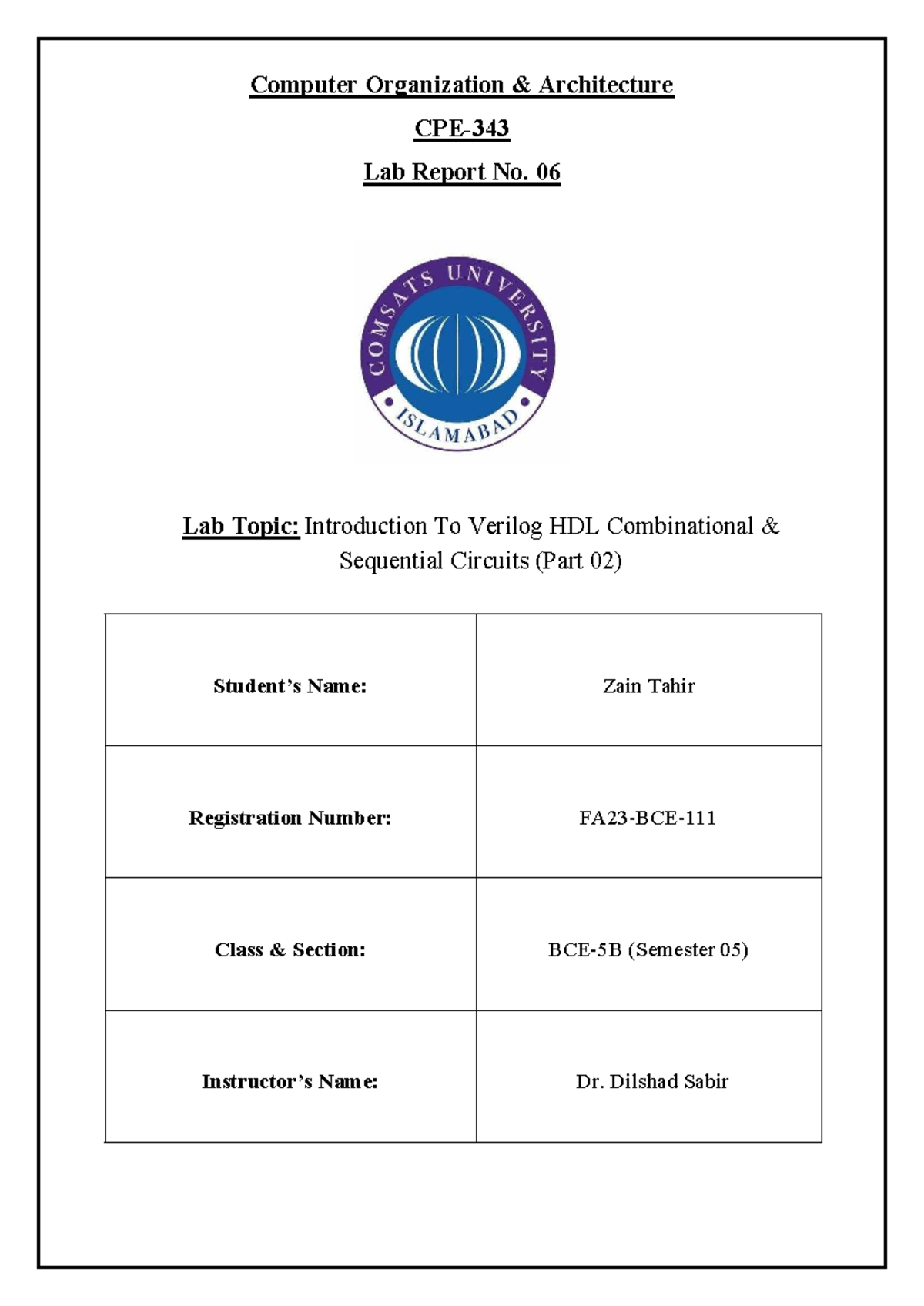 FA23-BCE-111 Lab Report 06: Verilog HDL Circuits Analysis - Studocu