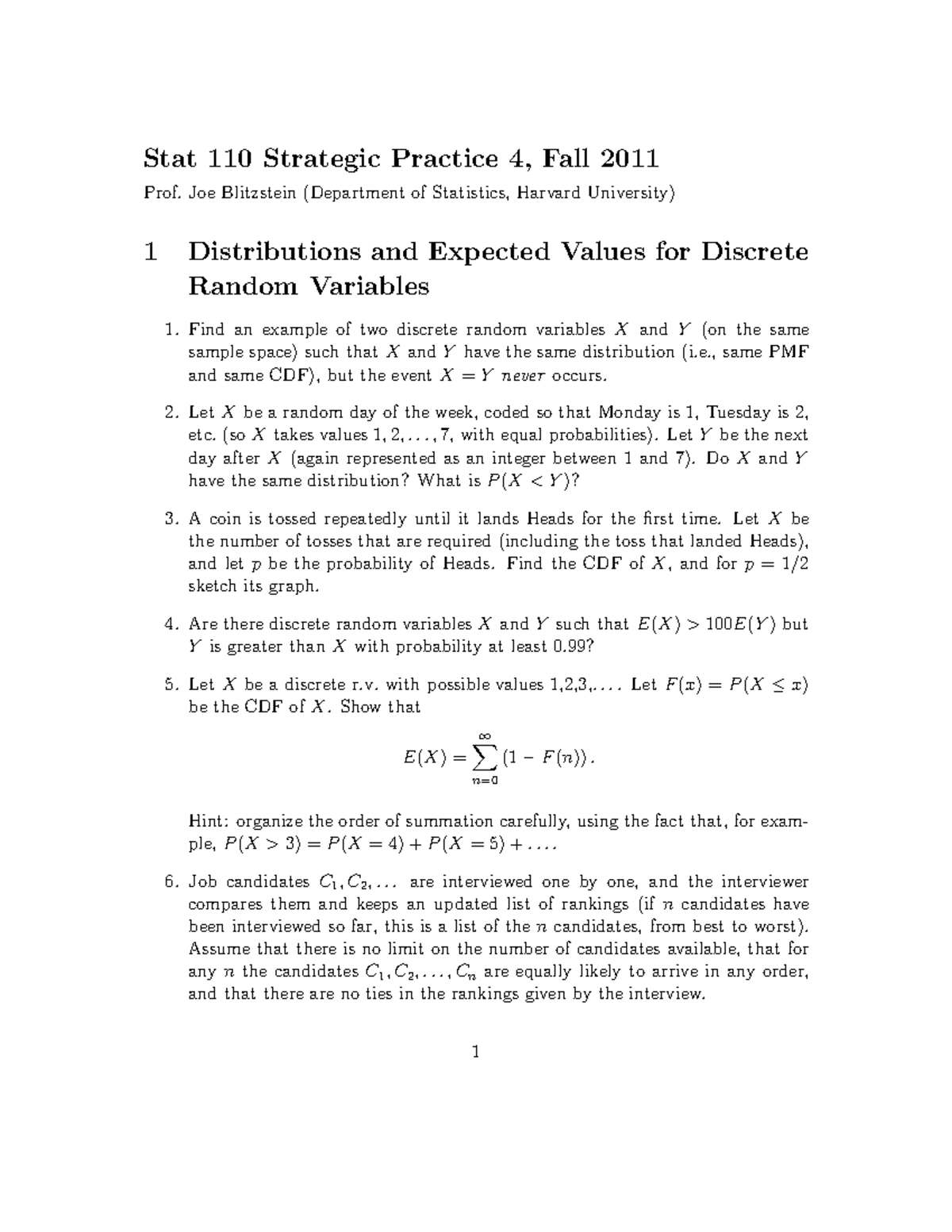 Stat 110 Final Exam: Strategic Practice 4 Solutions, Fall 2011 - Studocu