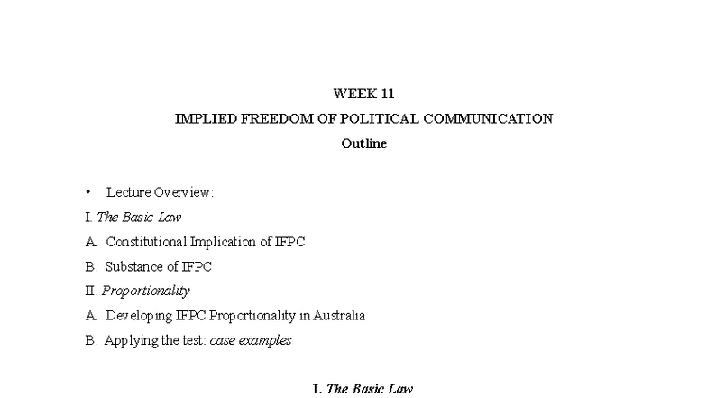 WEEK 11 LECTURE OUTLINE: IMPLIED FREEDOM OF POLITICAL COMMUNICATION ...