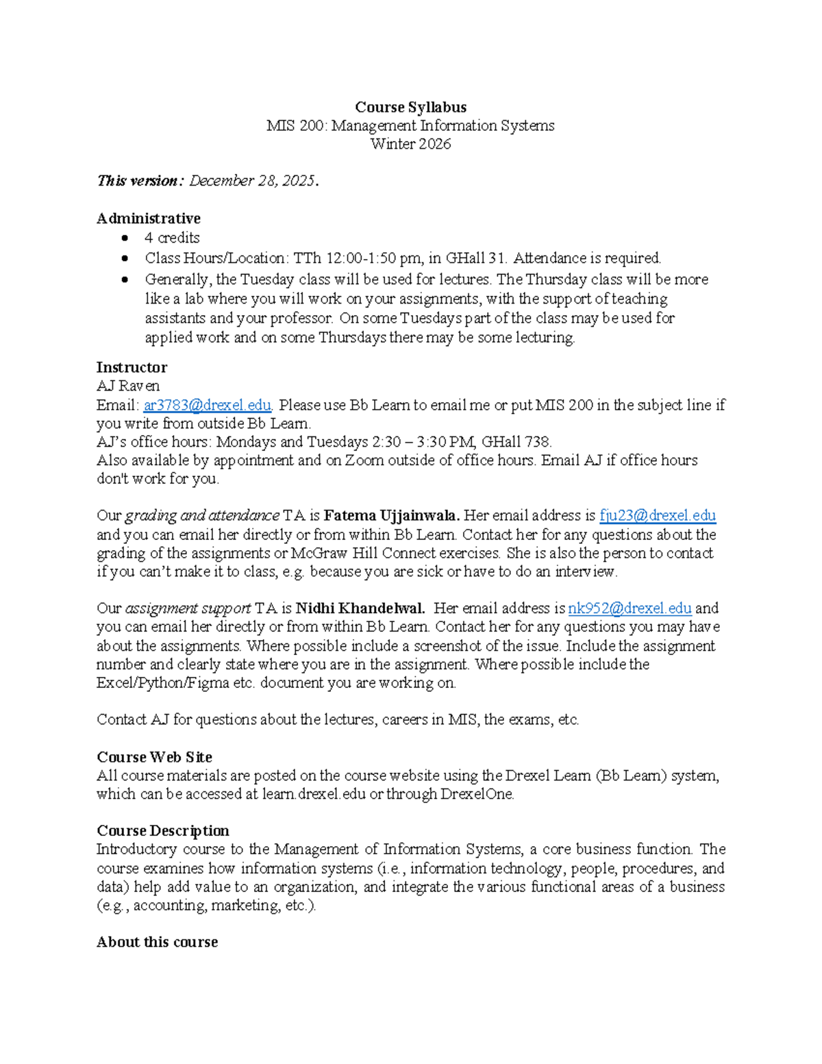 Syllabus for MIS 200: Management Information Systems Winter 2026 - Studocu