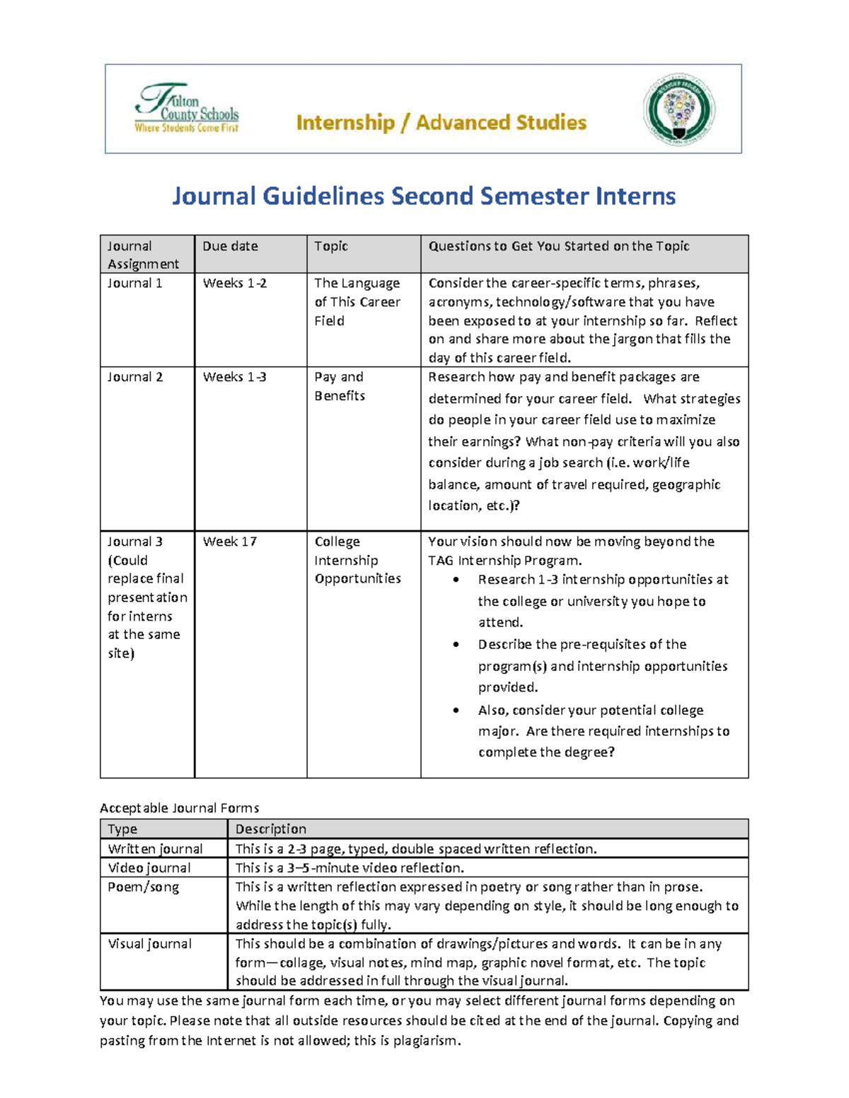 Internship Journal Guidelines: Second Semester Assignments - Studocu