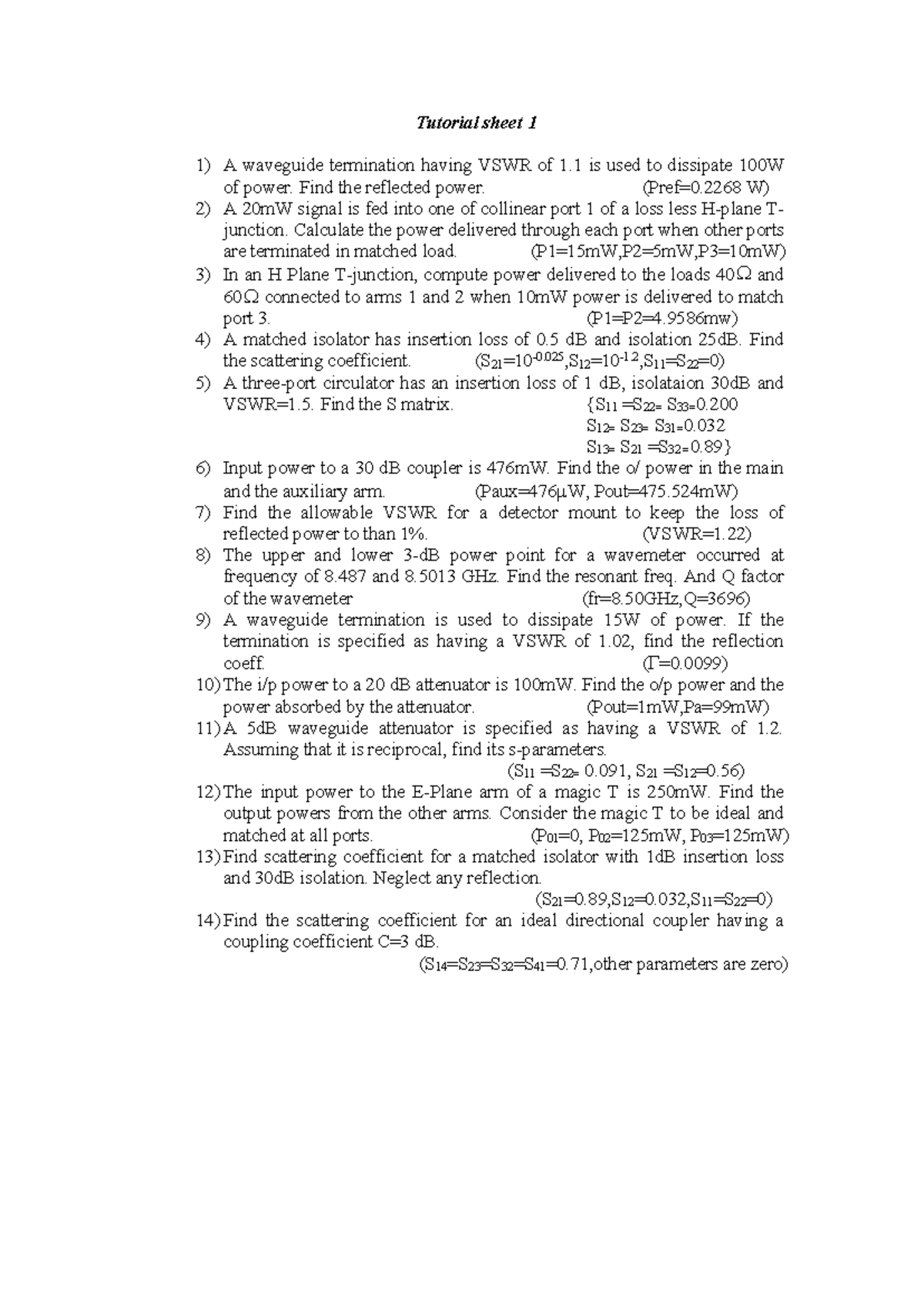 Tutorial Sheet 1: Waveguide Power Calculations and Analysis - Studocu
