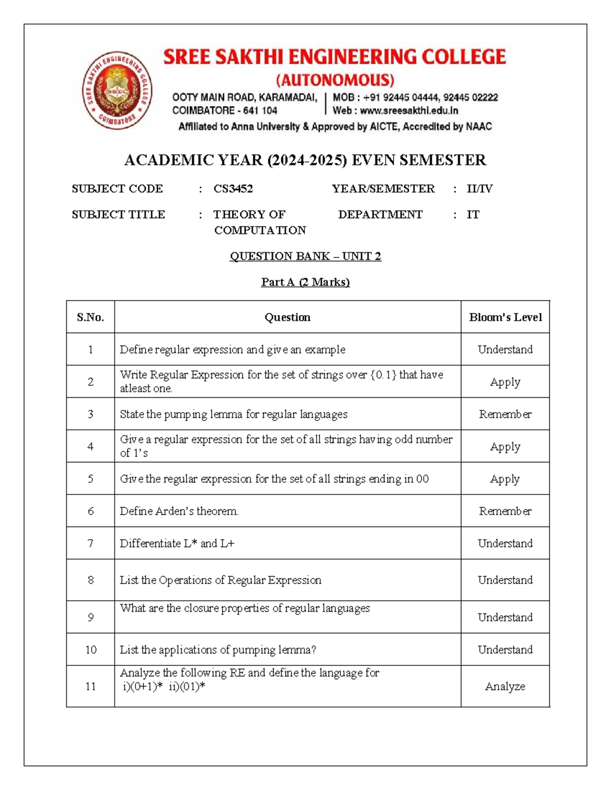CS3452 Theory of Computation Unit 2 Question Bank - Studocu