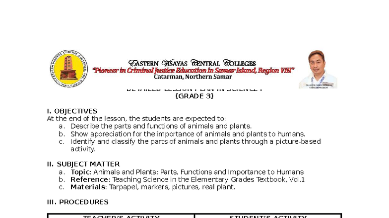 Detailed Lesson Plan in Science I: Animals & Plants for Grade 3 - Studocu