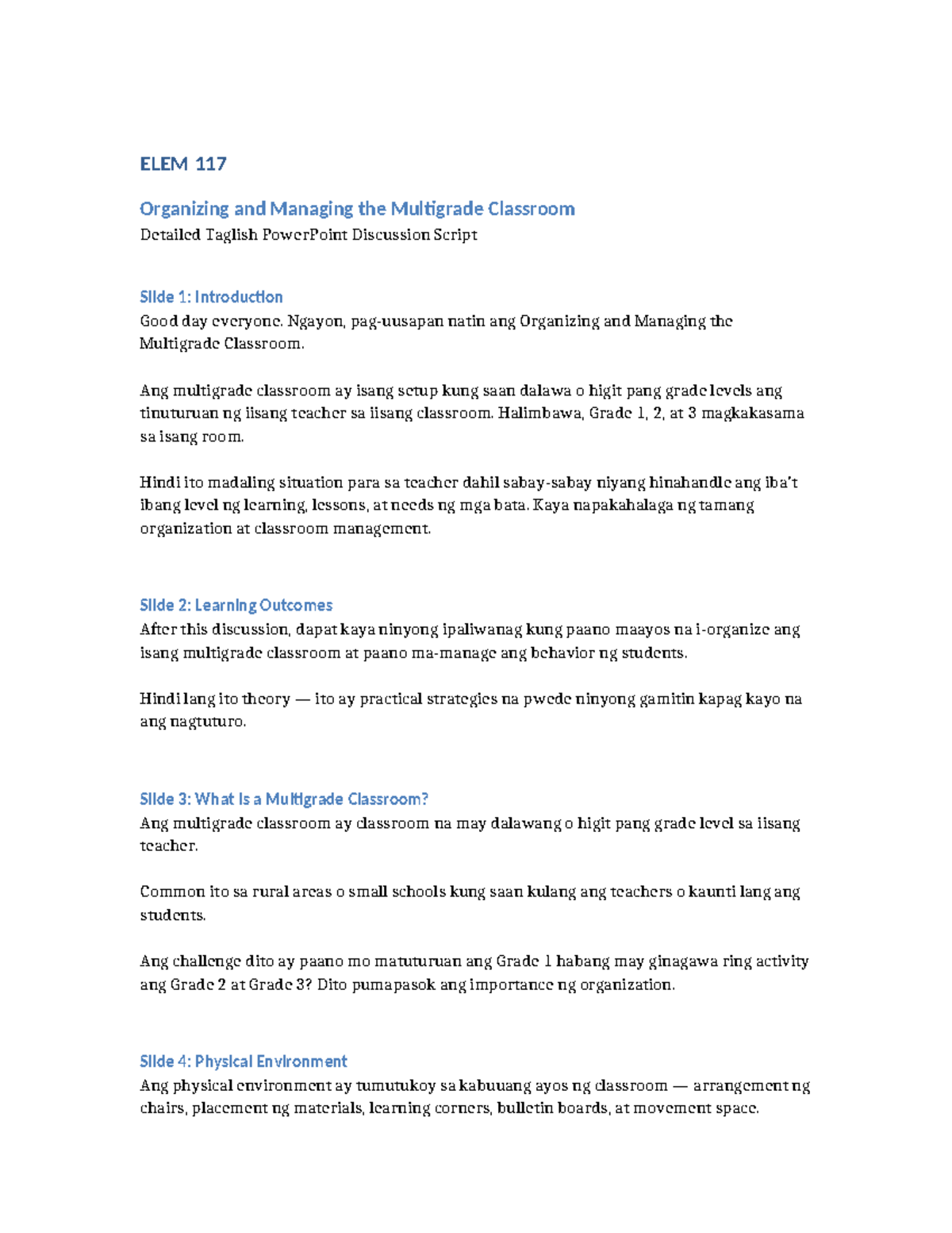 ELEM 117: Organizing & Managing the Multigrade Classroom Discussion ...