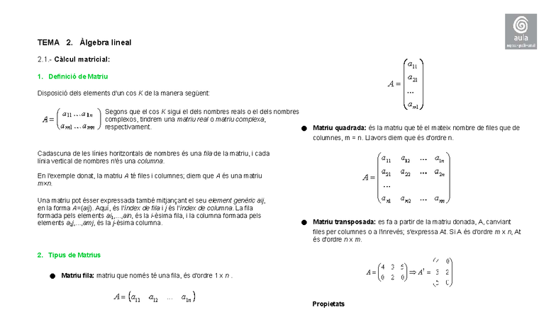 TEMA 2: Àlgebra Lineal - Càlcul Matricial i Tipus de Matrius - Studocu