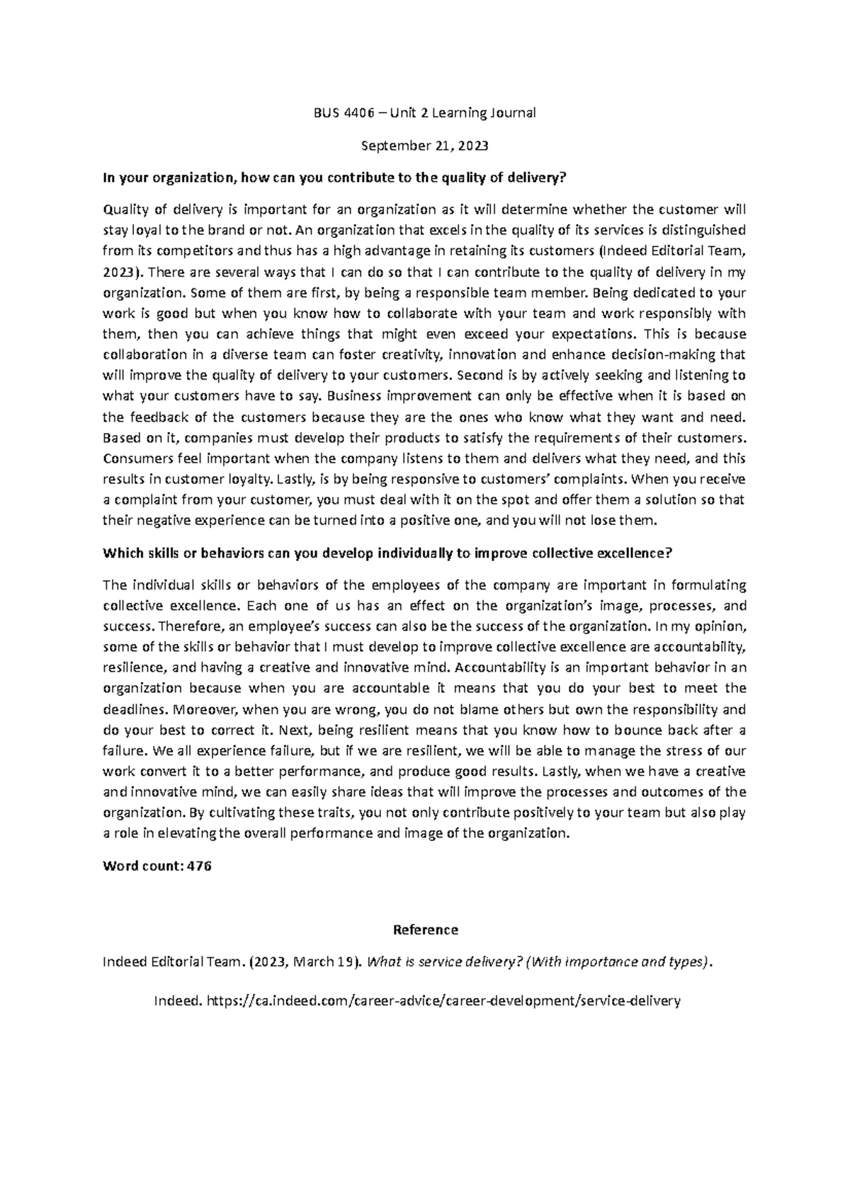 BUS 4406 – Unit 2 Learning Journal: Enhancing Quality of Delivery - Studocu